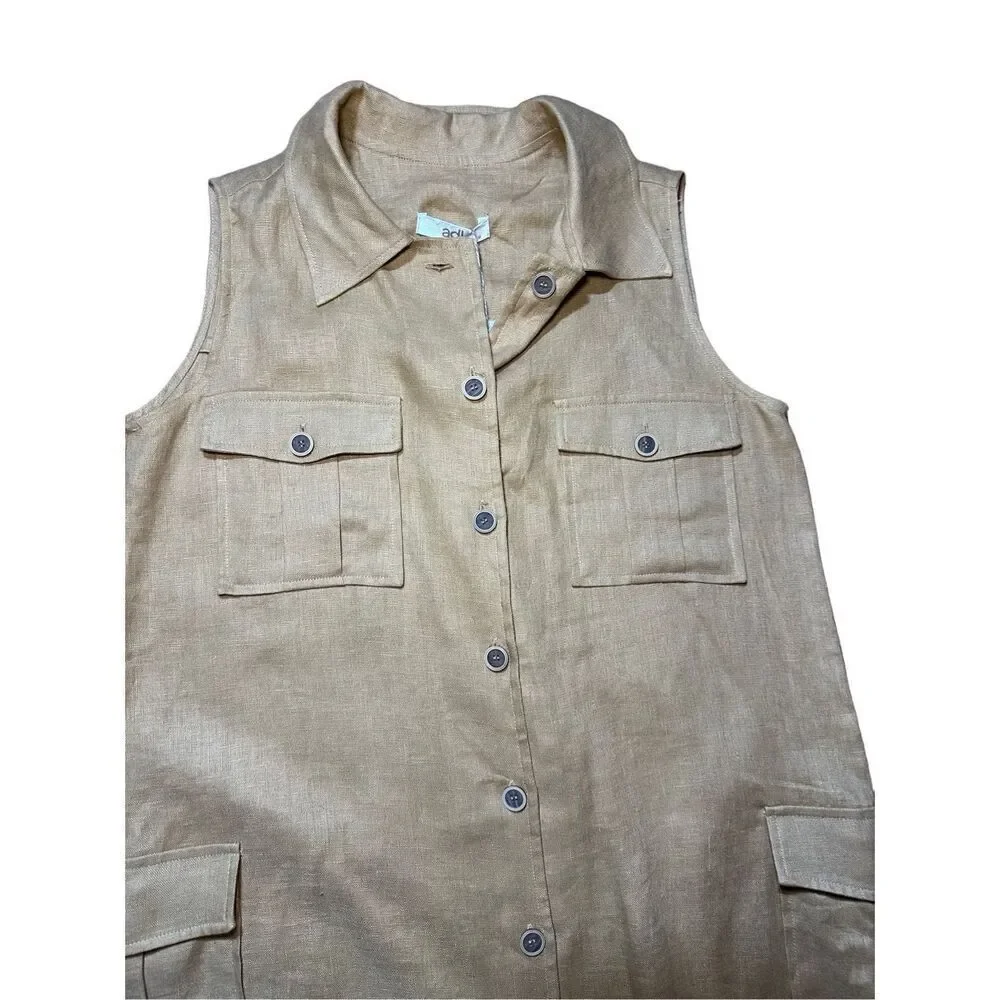 NEW adL womens linen button down midi dress cottage safari natural sz M in camel
